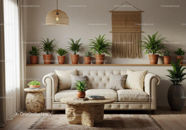 Cozy beige sofa with green plants in modern living room