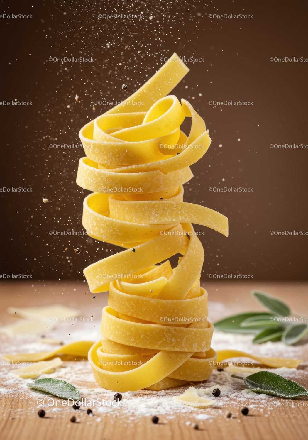 Stack of fresh tagliatelle pasta with herbs and flour