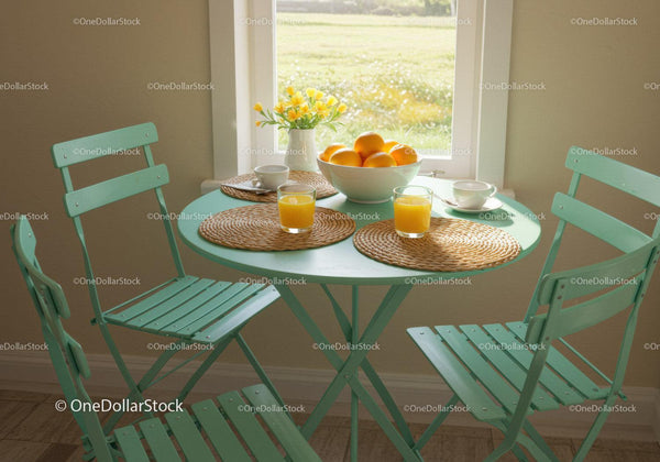 Bright breakfast setting with fresh oranges and juice