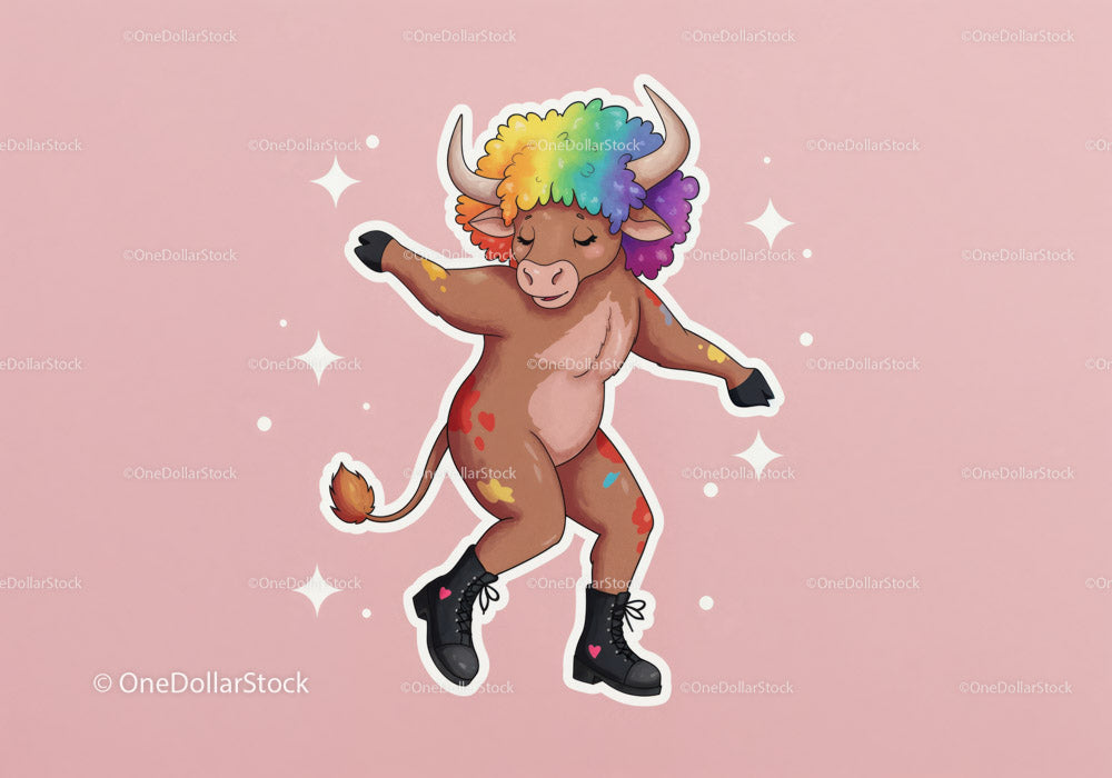 Colorful Cartoon Cow with Rainbow Hair Dancing on Pink Background