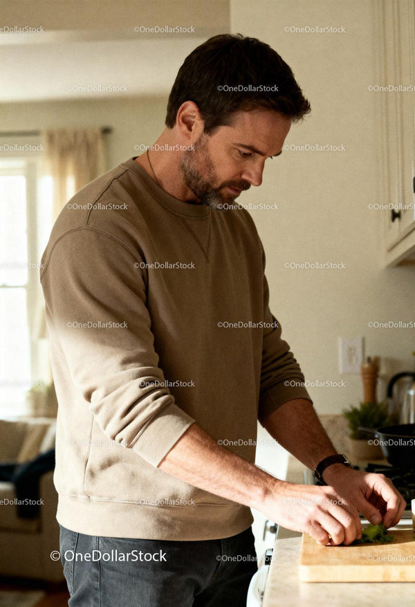 Man preparing fresh herbs in cozy kitchen interior
