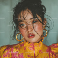 Vibrant Fashion Portrait of a Young Woman with Wet Hair and Bold Earrings