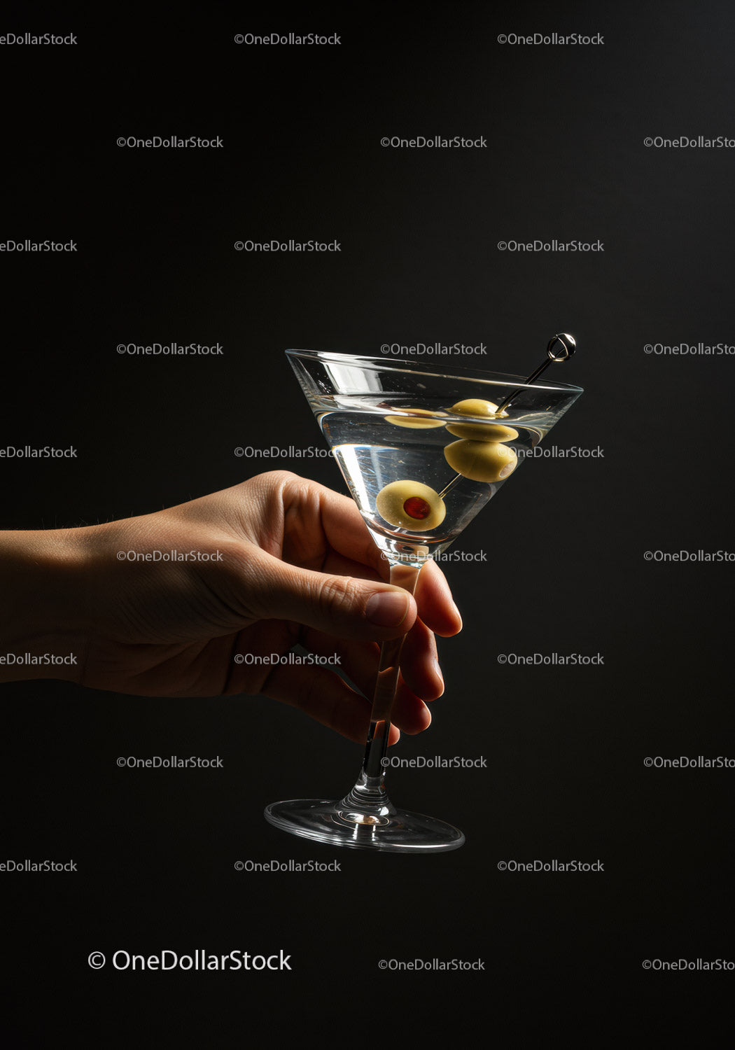 Hand holding classic martini glass with olives