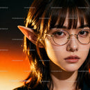 Young woman with elf ears wearing round glasses