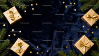 Golden wrapped gifts with fir branches and star confetti