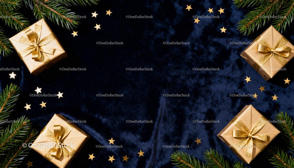 Golden wrapped gifts with fir branches and star confetti