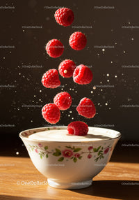 Fresh raspberries dropping into creamy yogurt bowl