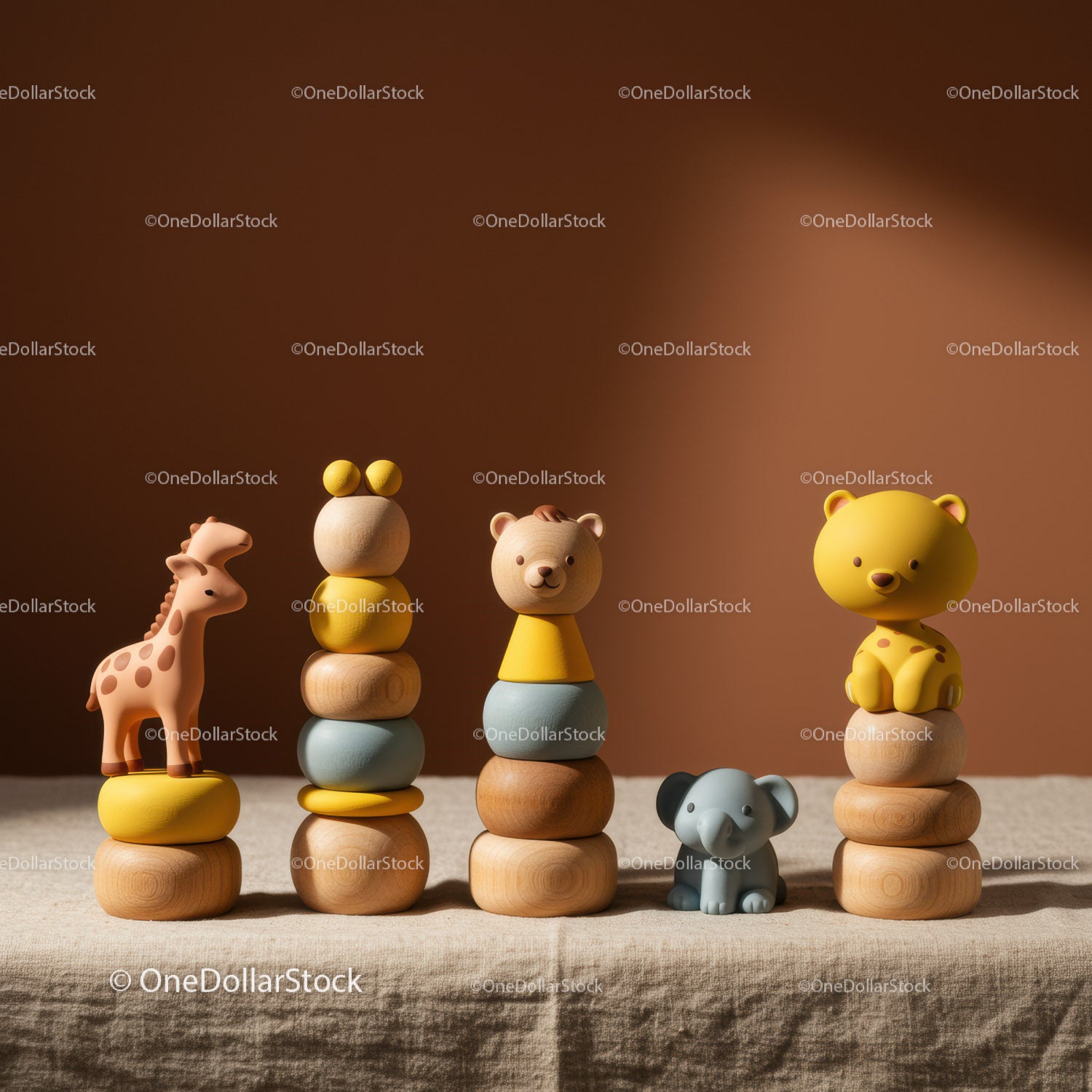 Stacked Wooden Animal Toys with Soft Neutral Background