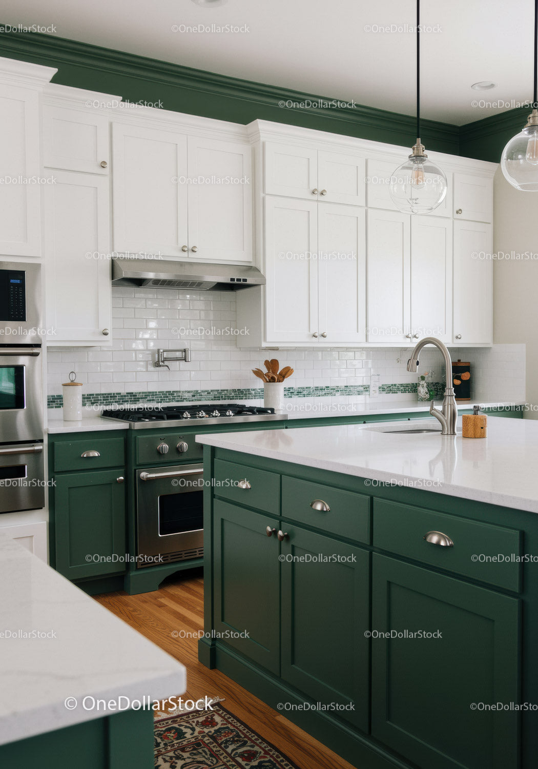 Contemporary White and Green Kitchen with Marble Countertop and Stainless Steel Appliances