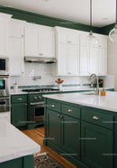 Contemporary White and Green Kitchen with Marble Countertop and Stainless Steel Appliances