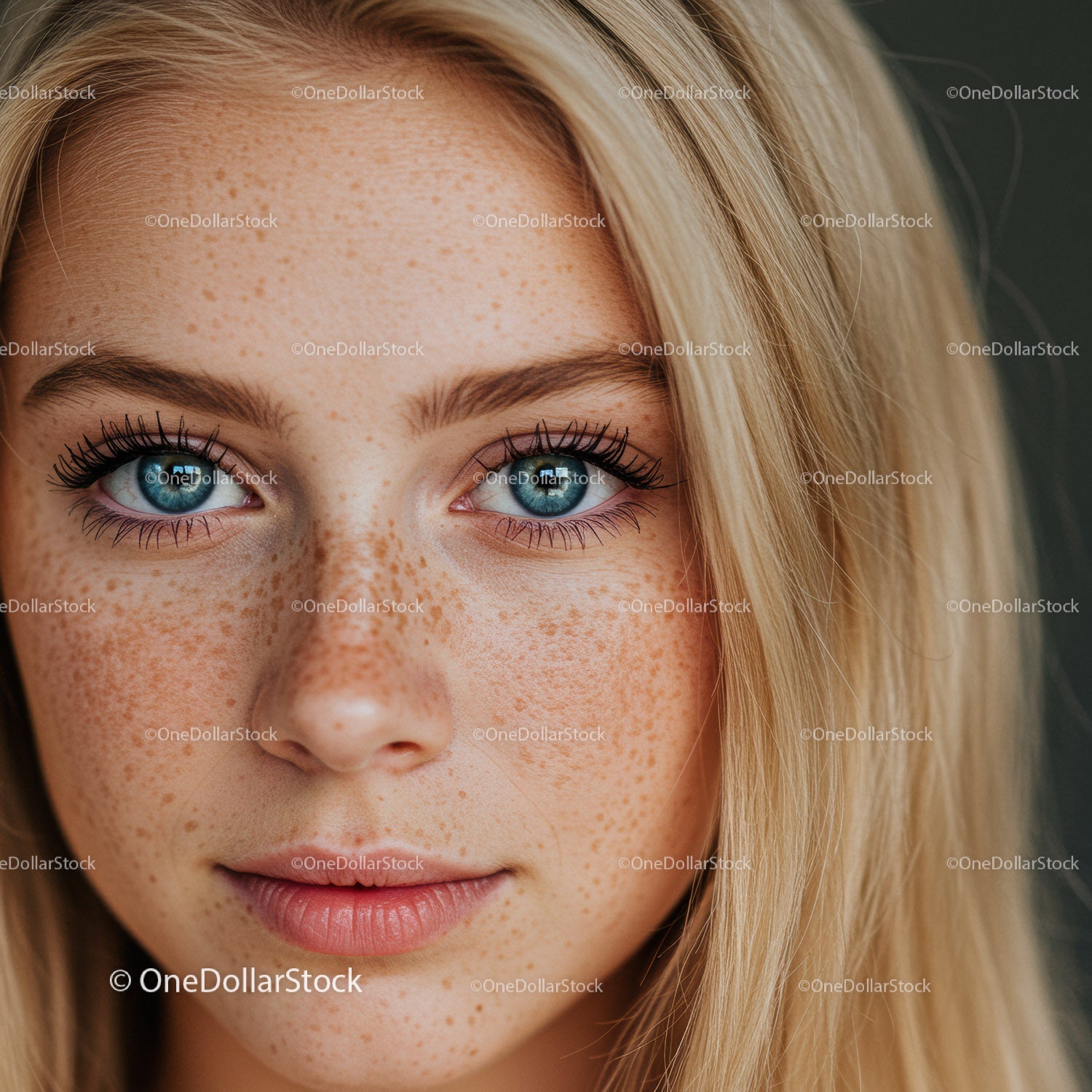 Close Up Portrait of Freckled Woman with Blue Eyes