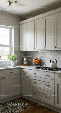 Bright Modern Kitchen with White Cabinets and Fruit Basket