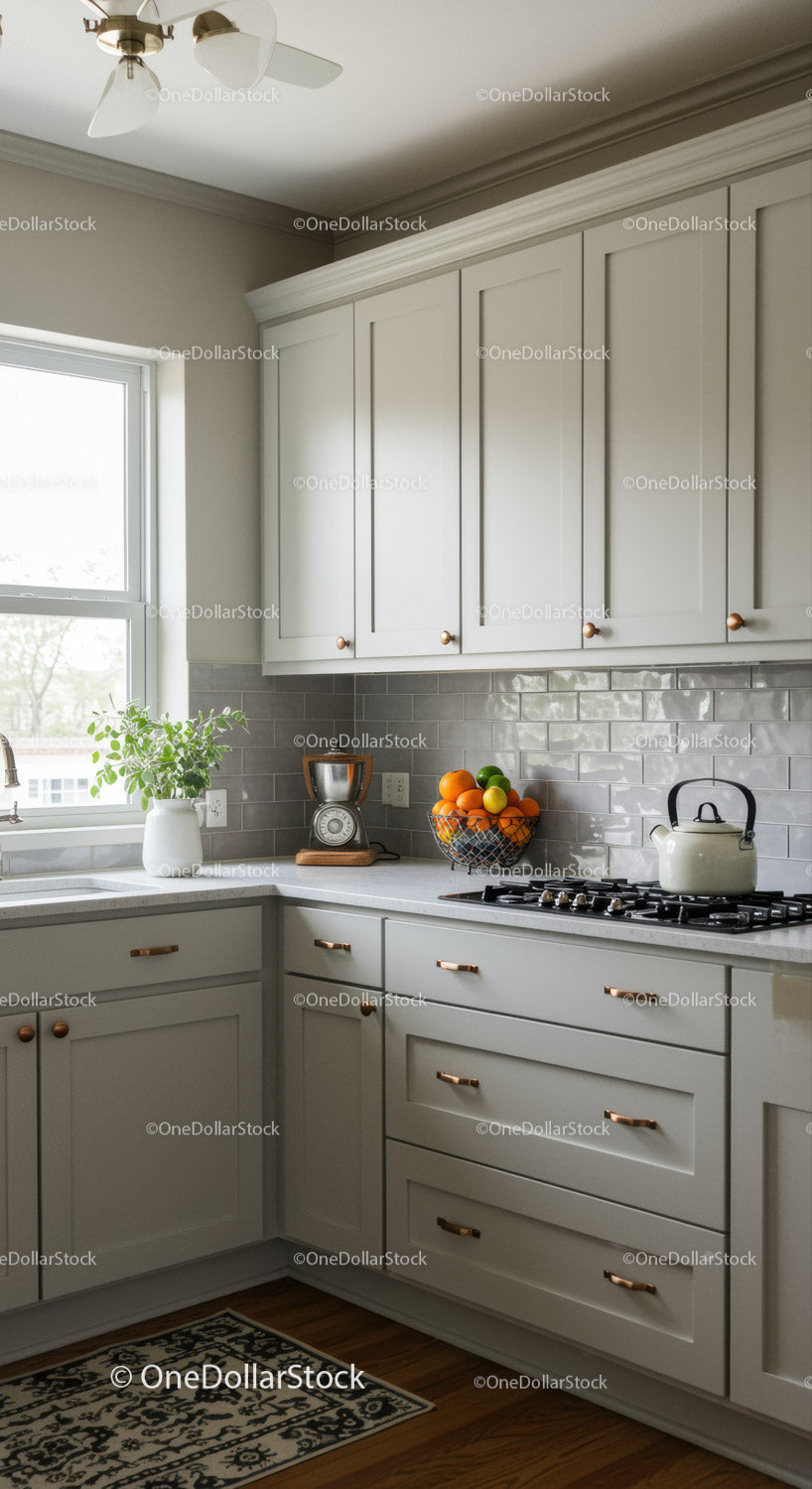 Bright Modern Kitchen with White Cabinets and Fruit Basket