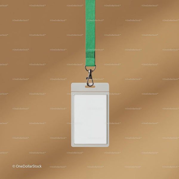 Blank ID badge hanging on vibrant green lanyard JPG Mockup Image