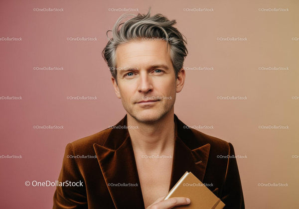 Elegant Male Portrait with Silver Hair in Brown Velvet Blazer