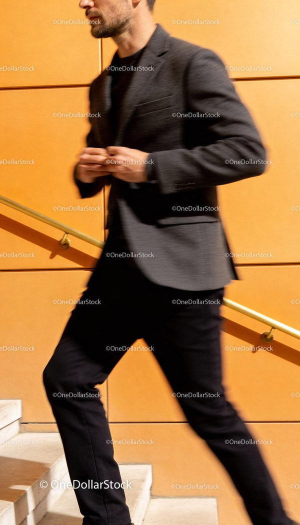 Man Walking Upstairs in Stylish Dark Gray Blazer