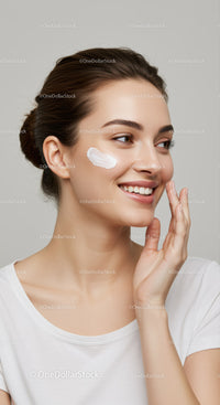 Young Woman Applying Face Cream with a Bright Smile and Clear Skin