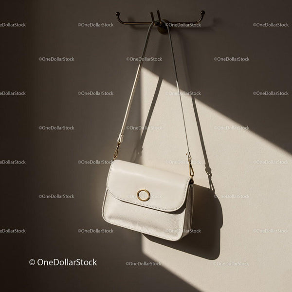 Minimalist white leather purse hanging on wall hook JPG Mockup Image