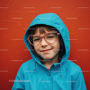 Smiling girl in blue raincoat and heart shaped glasses