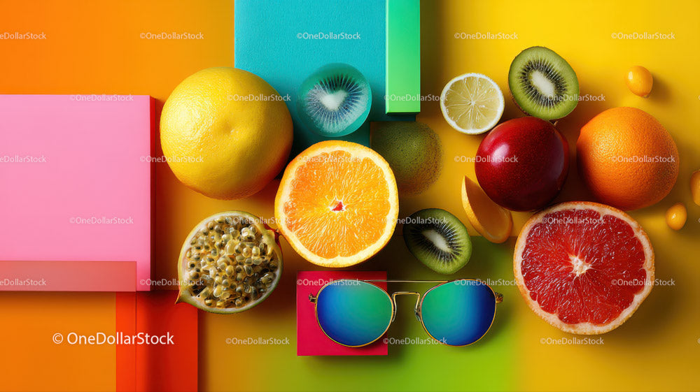 Colorful Citrus and Tropical Fruits with Sunglasses on Bright Background