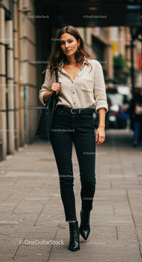 Stylish Woman Walking in City Streets Wearing Black Jeans and Beige Shirt