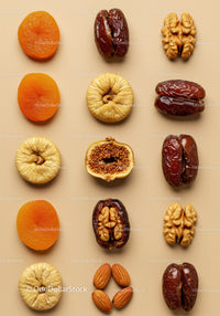 Assorted Dried Fruits and Nuts Arranged Neatly on Beige