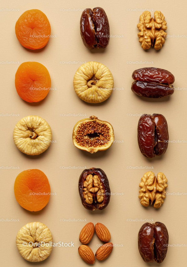 Assorted Dried Fruits and Nuts Arranged Neatly on Beige