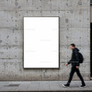 Urban street scene with empty blank billboard and pedestrian