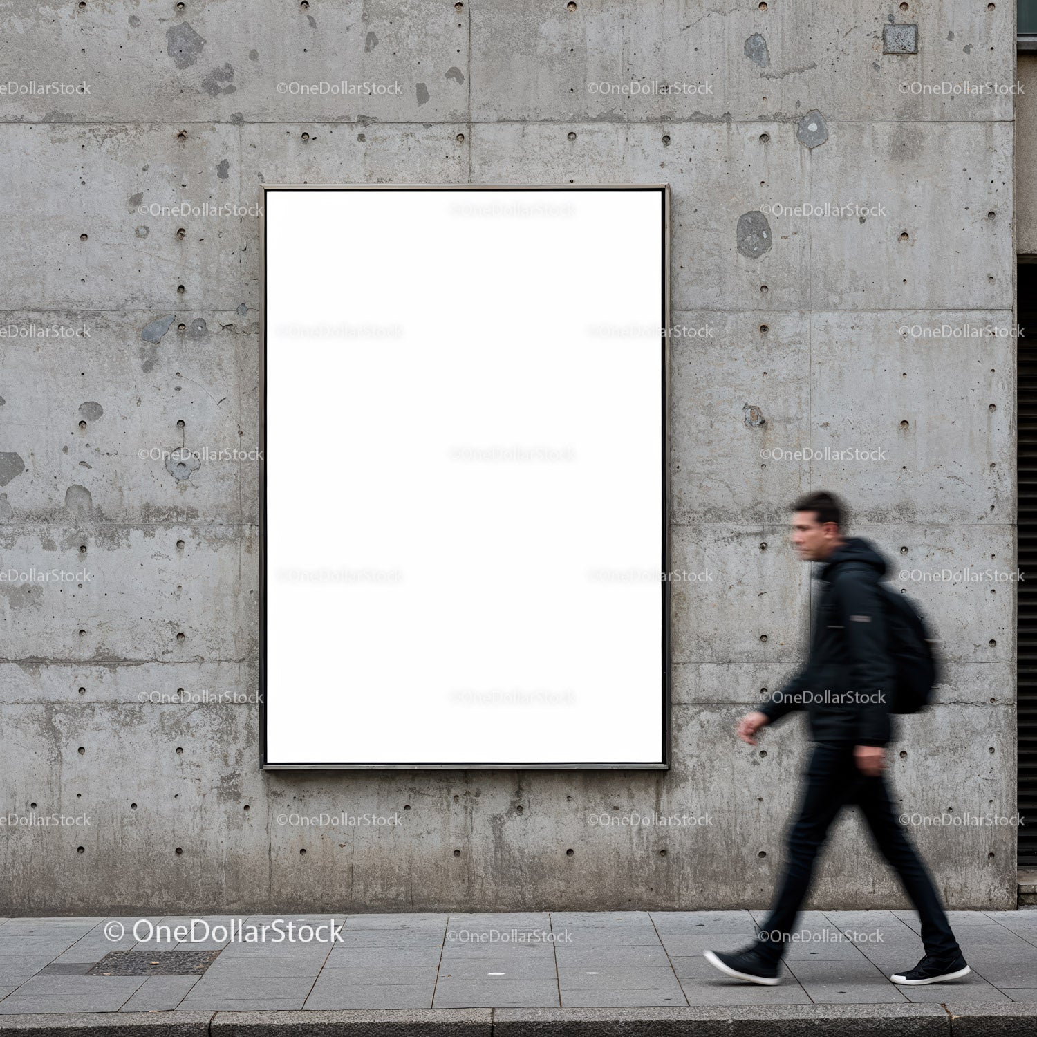 Urban street scene with empty blank billboard and pedestrian