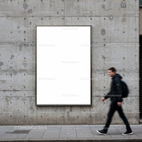 Urban street scene with empty blank billboard and pedestrian