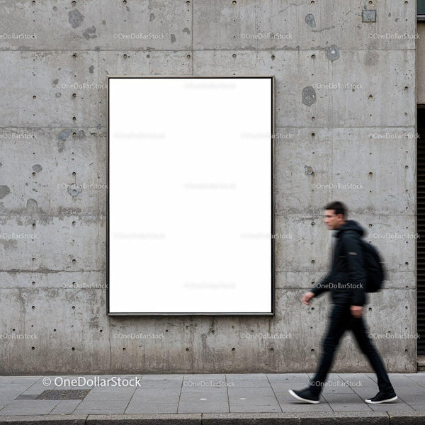 Urban street scene with empty blank billboard and pedestrian JPG Mockup Image