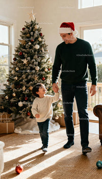 Father and son sharing joyful moment by Christmas tree