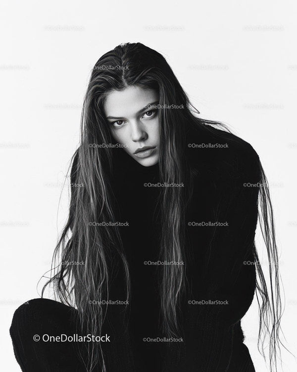 Monochrome Portrait of Young Woman with Wet Hair and Intense Gaze