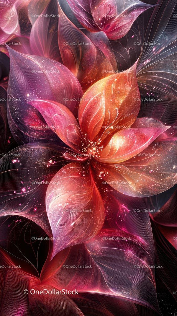 Digital Abstract Floral Design with Glowing Petals and Luminous Effects