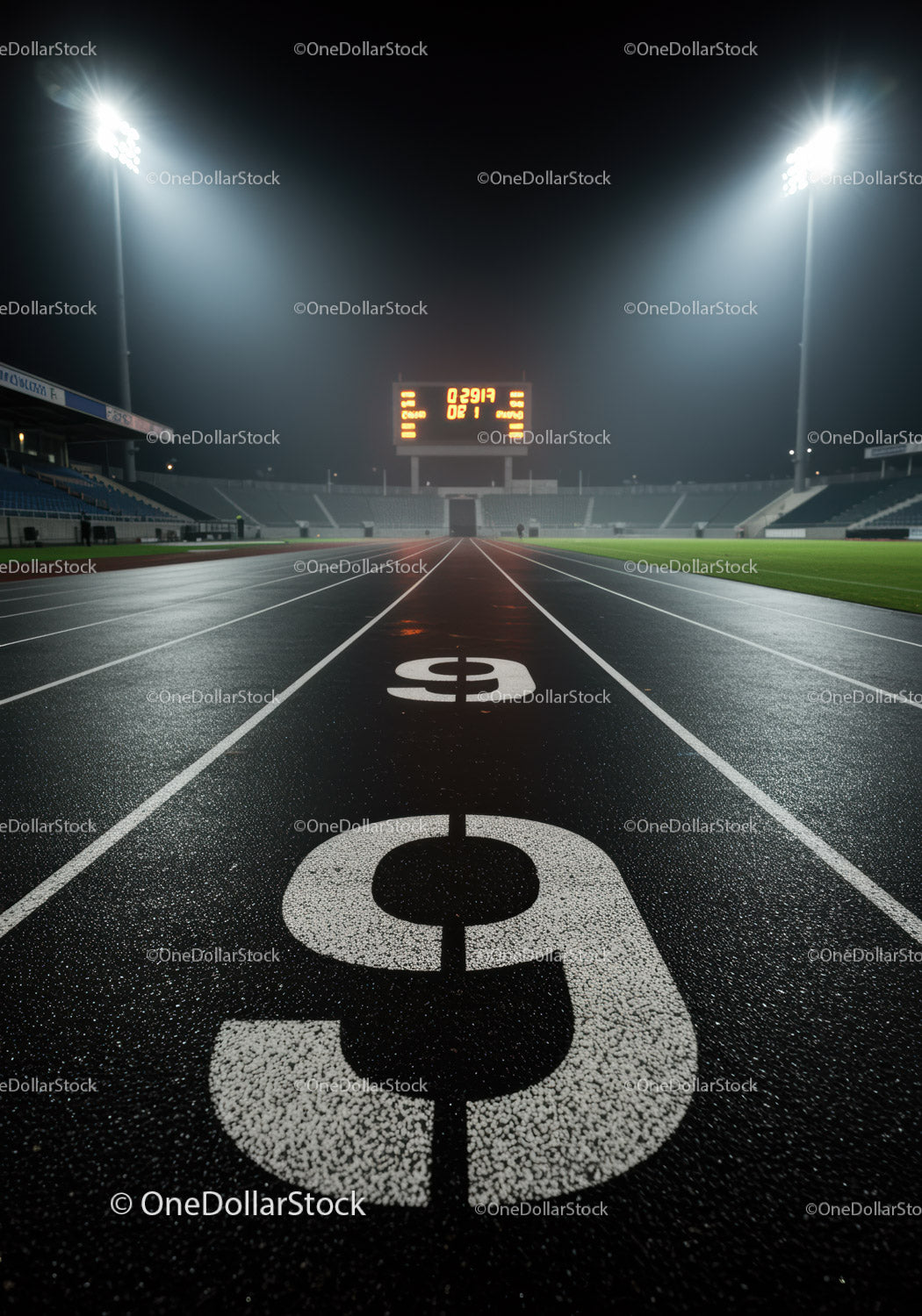 Empty illuminated running track lane nine at night stadium