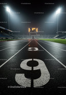 Empty illuminated running track lane nine at night stadium