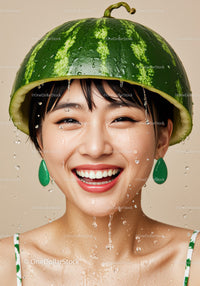 Joyful woman wearing watermelon helmet with water drops