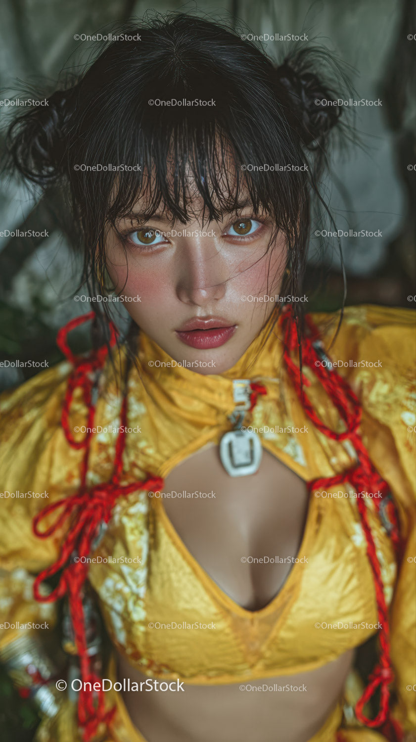 Young Woman in Yellow Sports Jacket with Wet Hair Outdoor Portrait