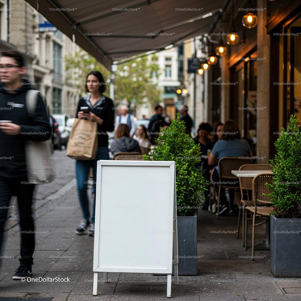 Blank white signboard on busy city cafe sidewalk JPG Mockup Image