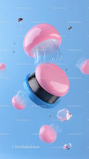 Futuristic Pink and Blue Abstract Digital Art with Floating Shapes