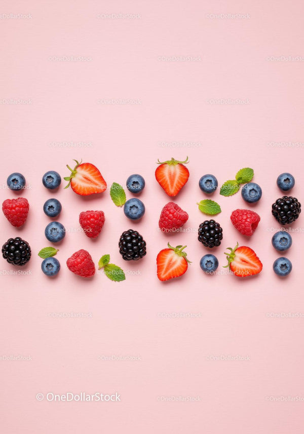 Fresh mixed berries and mint leaves on pastel pink