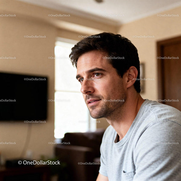 Calm man looking thoughtfully indoors at home