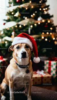 Dog wearing Santa hat by decorated Christmas tree