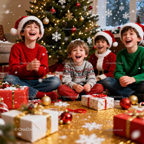 Joyful Kids Celebrating Christmas Around Tree with Gifts