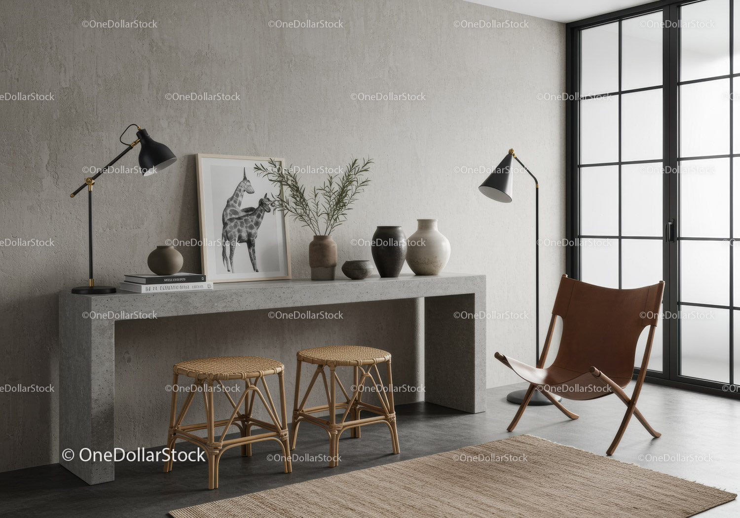 Minimalistyczny, nowoczesny salon z naturalnymi fakturami
