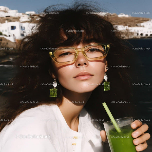 Young Woman Wearing Stylish Glasses Holding Green Smoothie by Coast
