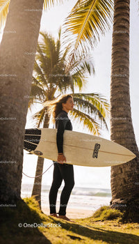 Woman Surfer Standing on Sunny Tropical Beach with Board