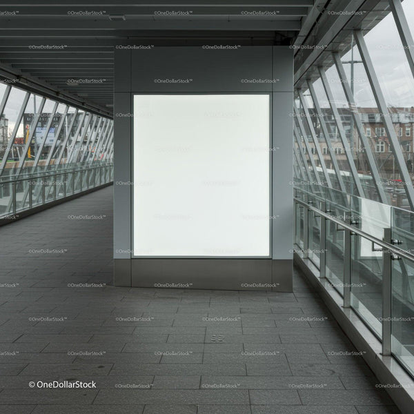 Modern empty lightbox in glass corridor hallway JPG Mockup Image