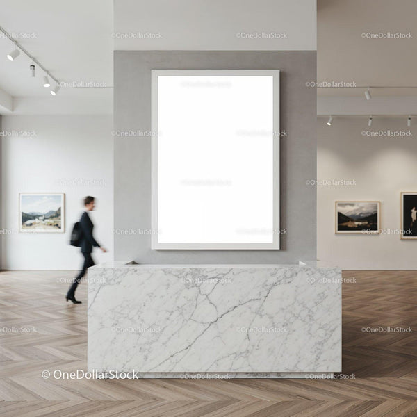 Modern Art Gallery Interior with Marble Display Pedestal JPG Mockup Image
