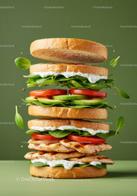 Tall grilled chicken sandwich with fresh vegetables